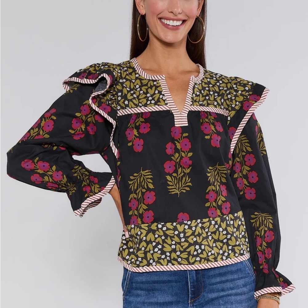 Elegant Black Floral Blouse with Ruffle Details